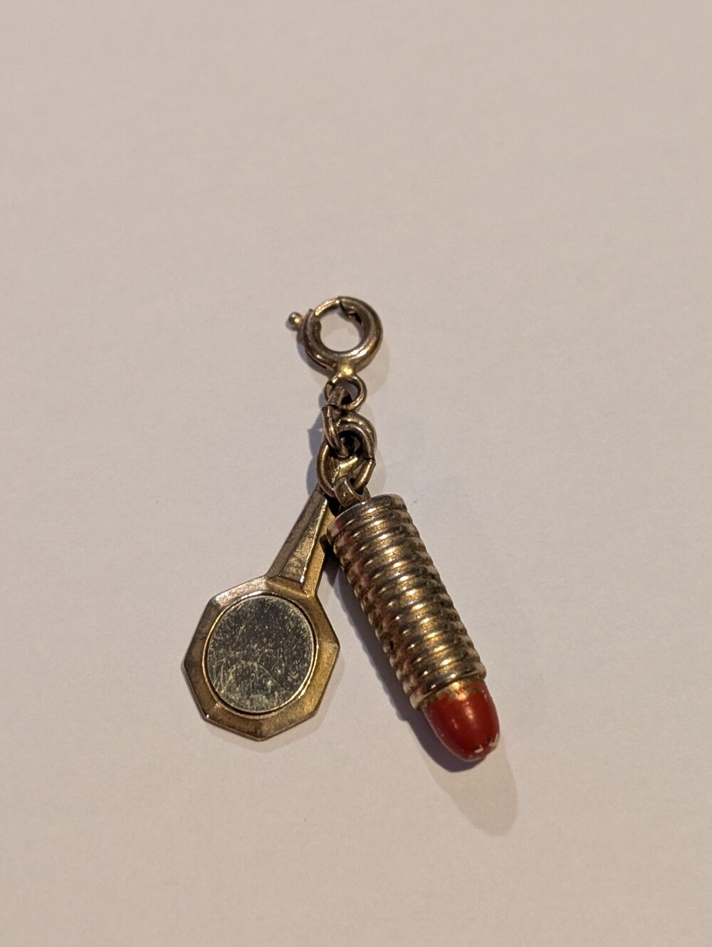 1930s Vintage Hand Mirror And Lipstick Bracelet Necklace Charm Gold Tone!